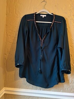 DR2 Teal Long-Sleeve Tunic with Braided Trim and Tassels